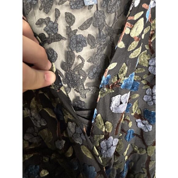 Modcloth Velvet Dress XS Floral Black Faux Wrap Burnout V Neck Knee Length New - Picture 5 of 16